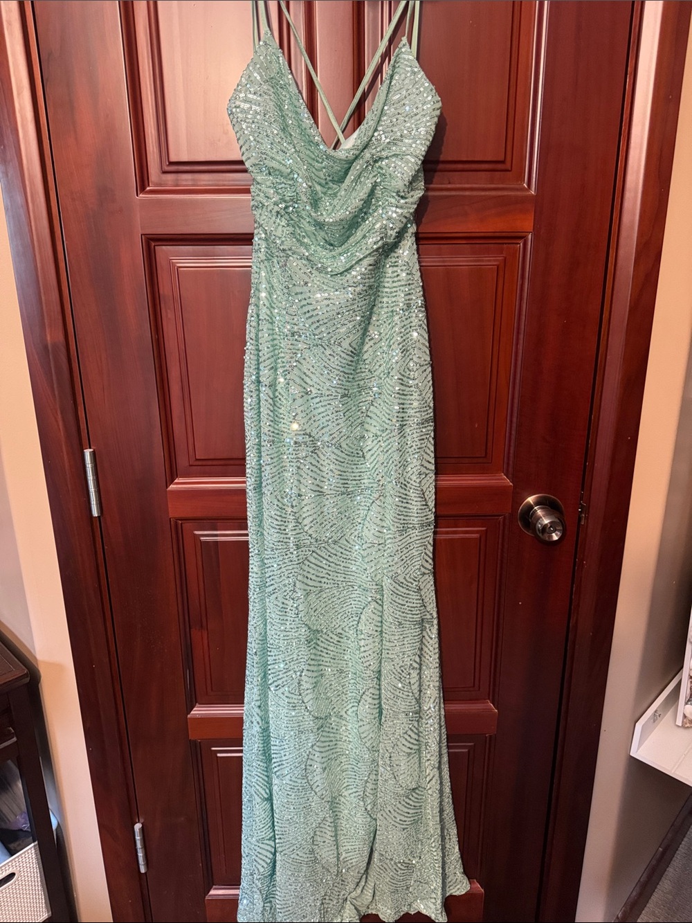 Sleeveless Mint Sequin Cowl Neck Maxi Dress